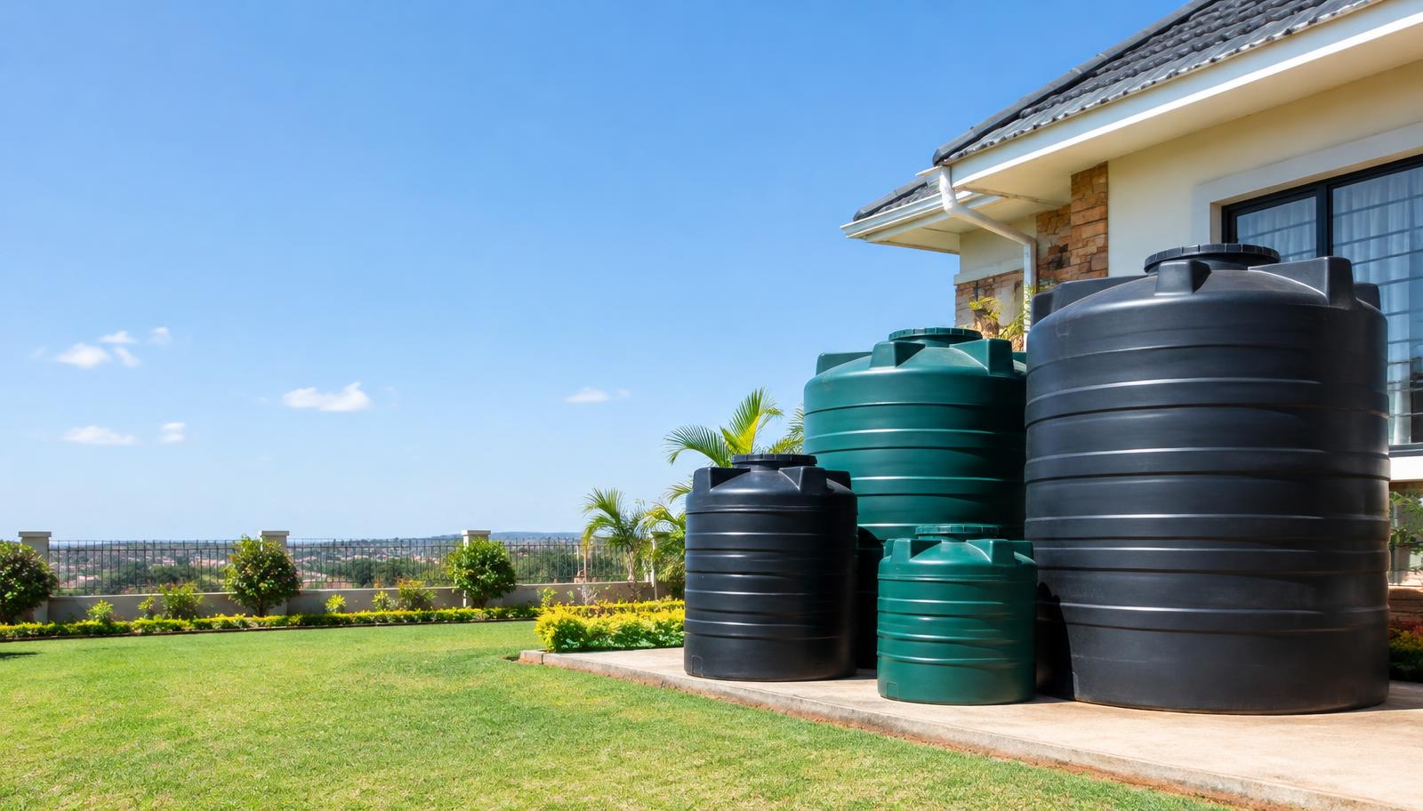 Plastic water storage tanks beside a home in Kenya